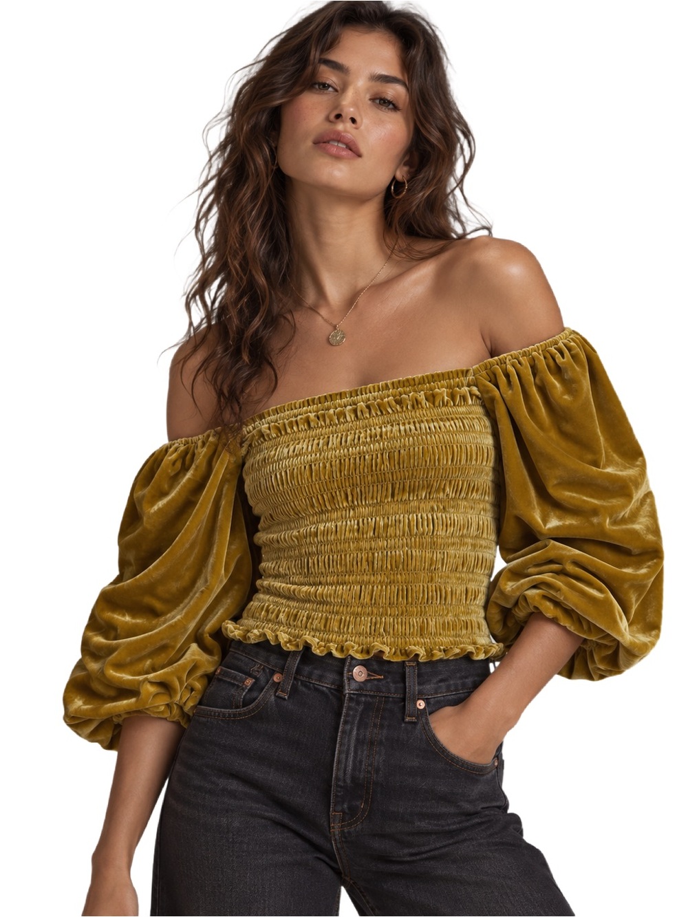 Anthropologie Gold Velvet Smocked Puff Sleeve Top XS NWT